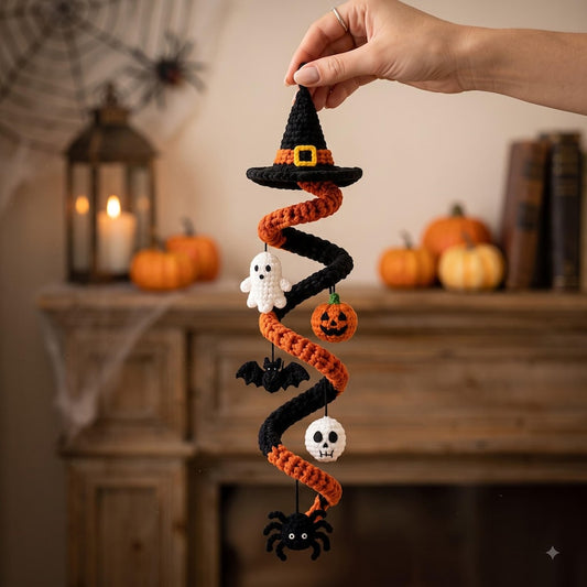 Crochet Spiral Halloween Garland, Witch Hat Ghost Bat Pumpkin Decor