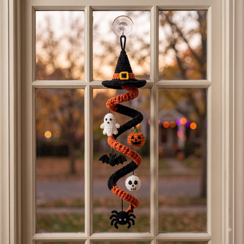 Crochet Spiral Halloween Garland, Witch Hat Ghost Bat Pumpkin Decor