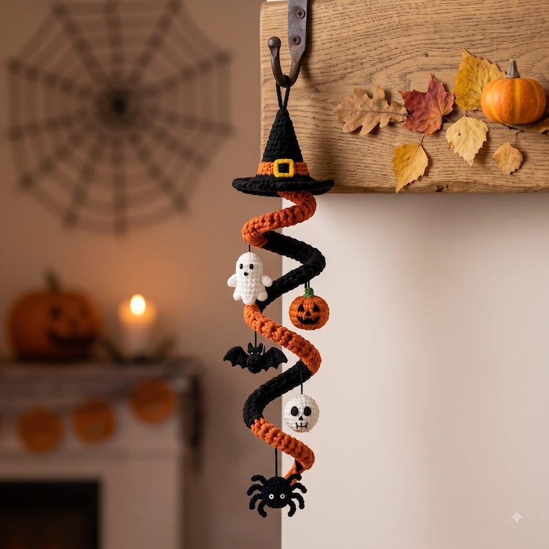 Crochet Spiral Halloween Garland, Witch Hat Ghost Bat Pumpkin Decor
