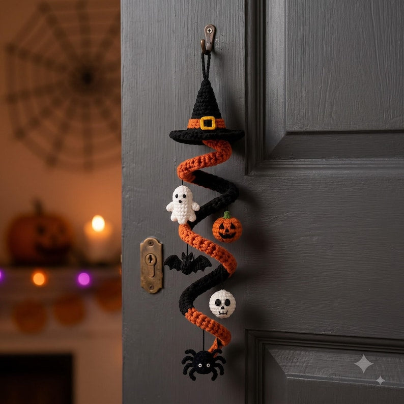Crochet Spiral Halloween Garland, Witch Hat Ghost Bat Pumpkin Decor