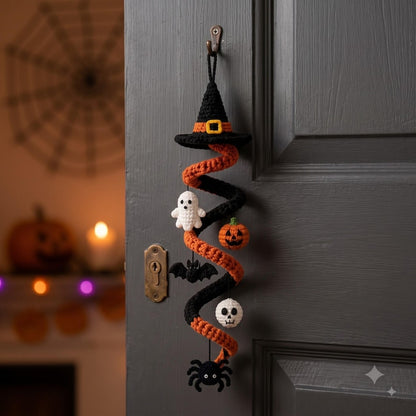 Crochet Spiral Halloween Garland, Witch Hat Ghost Bat Pumpkin Decor