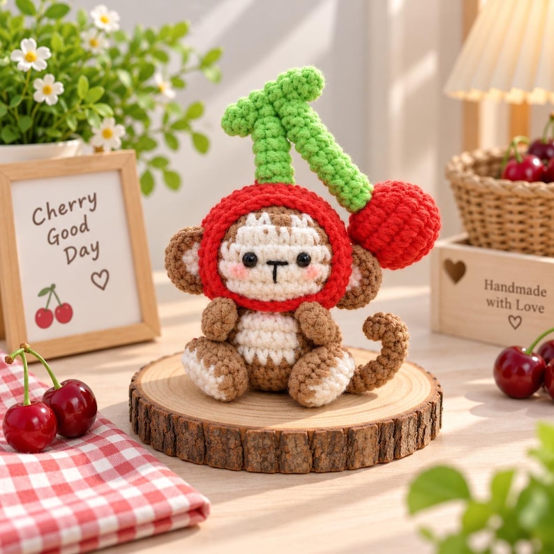 Crochet Monkey With Cherry Keychain, Amigurumi Monkey, Crochet Baby Monkey Plush Toy Keychain, Monkey Cute Gifts, Monkey Crochet Keychain