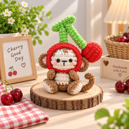 Crochet Monkey With Cherry Keychain, Amigurumi Monkey, Crochet Baby Monkey Plush Toy Keychain, Monkey Cute Gifts, Monkey Crochet Keychain