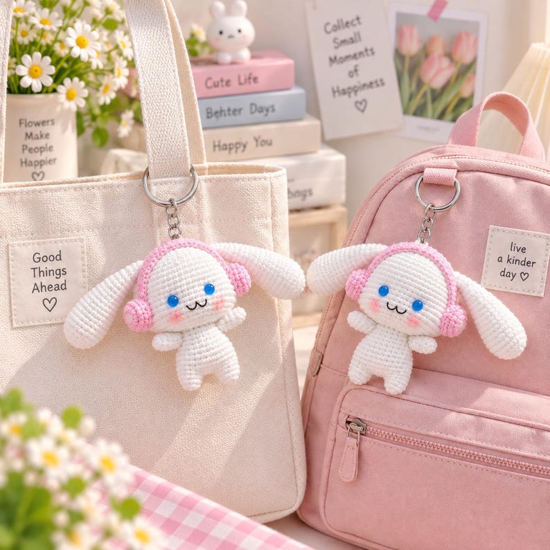 Cinnamoroll Crochet Plush with Pink Headphones, Cute Bunny Amigurumi Toy, Handmade Kawaii Stuffed Animal, Soft Gift for Kids Friends, Miffy