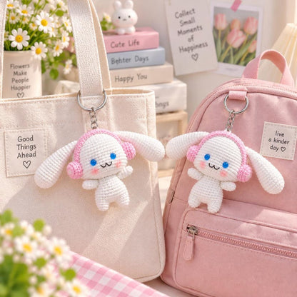 Cinnamoroll Crochet Plush with Pink Headphones, Cute Bunny Amigurumi Toy, Handmade Kawaii Stuffed Animal, Soft Gift for Kids Friends, Miffy