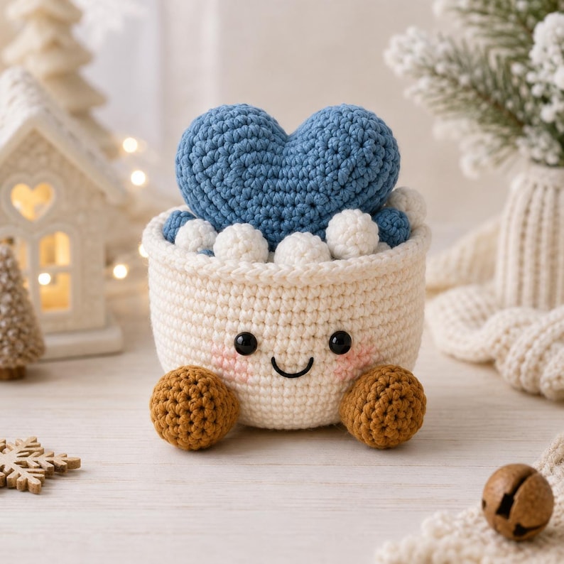 Crochet Christmas Basket, Winter Crochet Decor, Handmade Holiday Storage Basket, Snowman Gift Basket, Xmas Desk Decor, Cozy Winter Gift