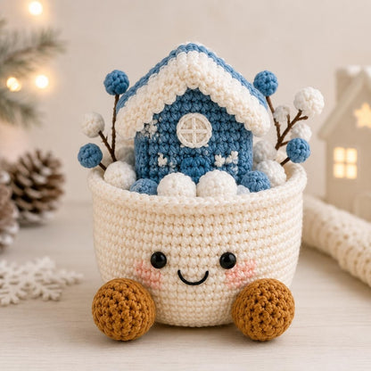 Crochet Christmas Basket, Winter Crochet Decor, Handmade Holiday Storage Basket, Snowman Gift Basket, Xmas Desk Decor, Cozy Winter Gift