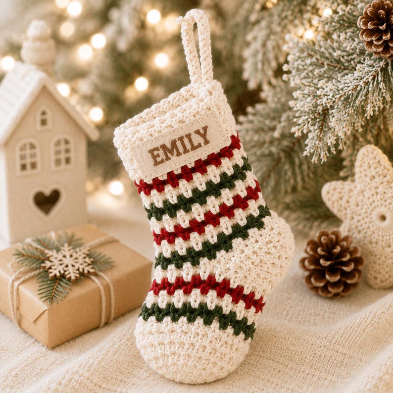 Personalized Crochet Stocking Ornament, Embroidered Name Christmas Ornament, Mini Stocking, Family Christmas Keepsake, Personalized Gift
