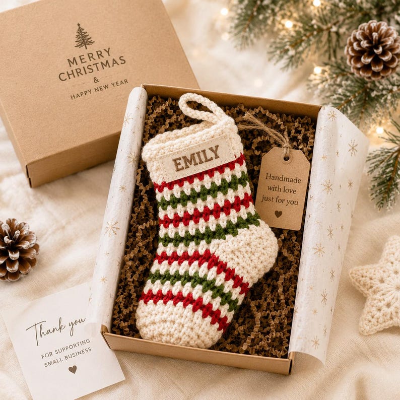 Personalized Crochet Stocking Ornament, Embroidered Name Christmas Ornament, Mini Stocking, Family Christmas Keepsake, Personalized Gift