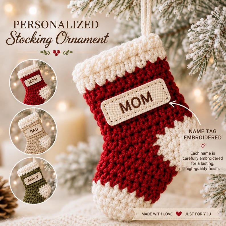Personalized Crochet Stocking Ornament, Embroidered Name Christmas Ornament, Mini Stocking, Family Christmas Gift, Handmade Xmas Decor
