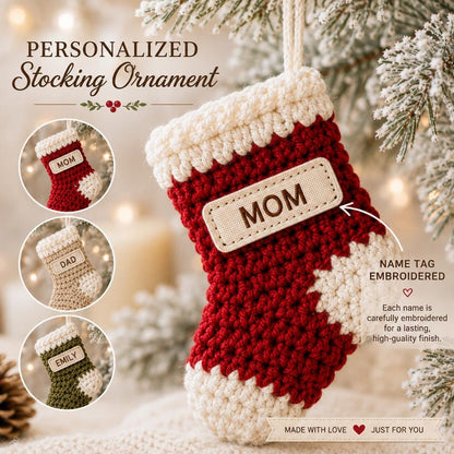 Personalized Crochet Stocking Ornament, Embroidered Name Christmas Ornament, Mini Stocking, Family Christmas Gift, Handmade Xmas Decor