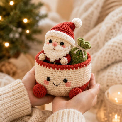 Crochet Christmas Basket, Holiday Gift Basket, Reindeer Santa Gingerbread Decor, Handmade Xmas Storage, Winter Crochet Gift