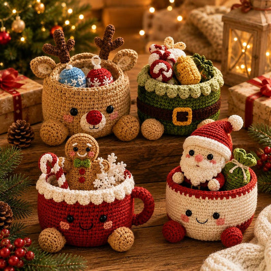 Crochet Christmas Basket, Holiday Gift Basket, Reindeer Santa Gingerbread Decor, Handmade Xmas Storage, Winter Crochet Gift