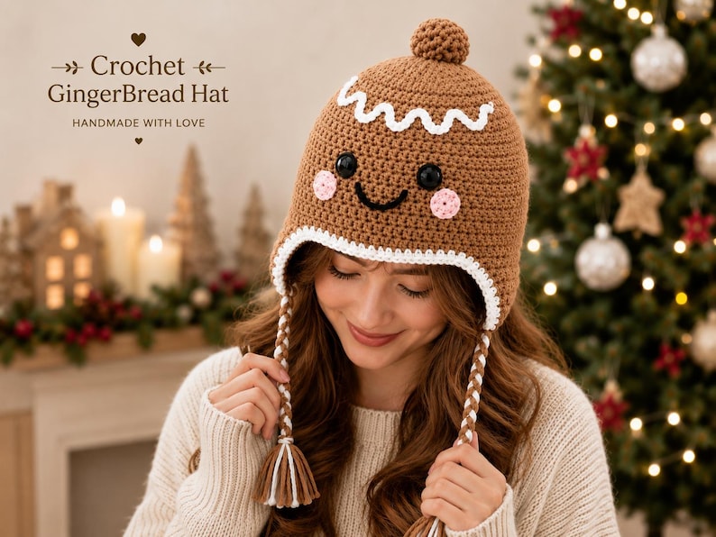 Crochet Gingerbread Hat, Christmas Hat for Kids & Adults, Cute Winter Earflap Hat, Matching Family Christmas Hat, Holiday Gift
