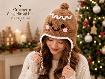 Crochet Gingerbread Hat, Christmas Hat for Kids & Adults, Cute Winter Earflap Hat, Matching Family Christmas Hat, Holiday Gift