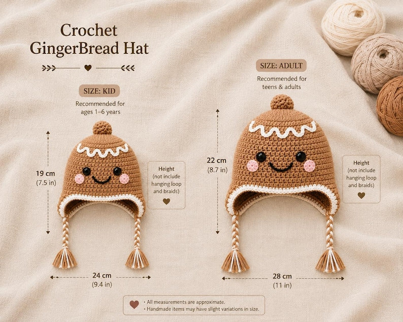 Crochet Gingerbread Hat, Christmas Hat for Kids & Adults, Cute Winter Earflap Hat, Matching Family Christmas Hat, Holiday Gift