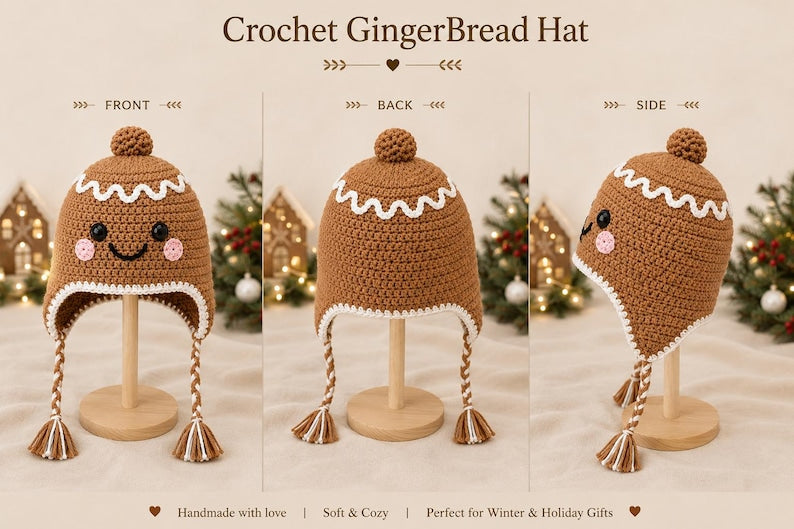 Crochet Gingerbread Hat, Christmas Hat for Kids & Adults, Cute Winter Earflap Hat, Matching Family Christmas Hat, Holiday Gift