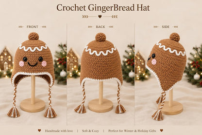 Crochet Gingerbread Hat, Christmas Hat for Kids & Adults, Cute Winter Earflap Hat, Matching Family Christmas Hat, Holiday Gift