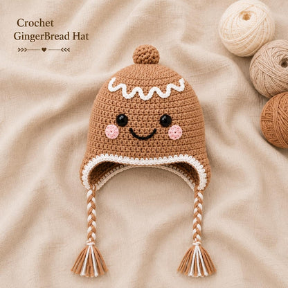 Crochet Gingerbread Hat, Christmas Hat for Kids & Adults, Cute Winter Earflap Hat, Matching Family Christmas Hat, Holiday Gift