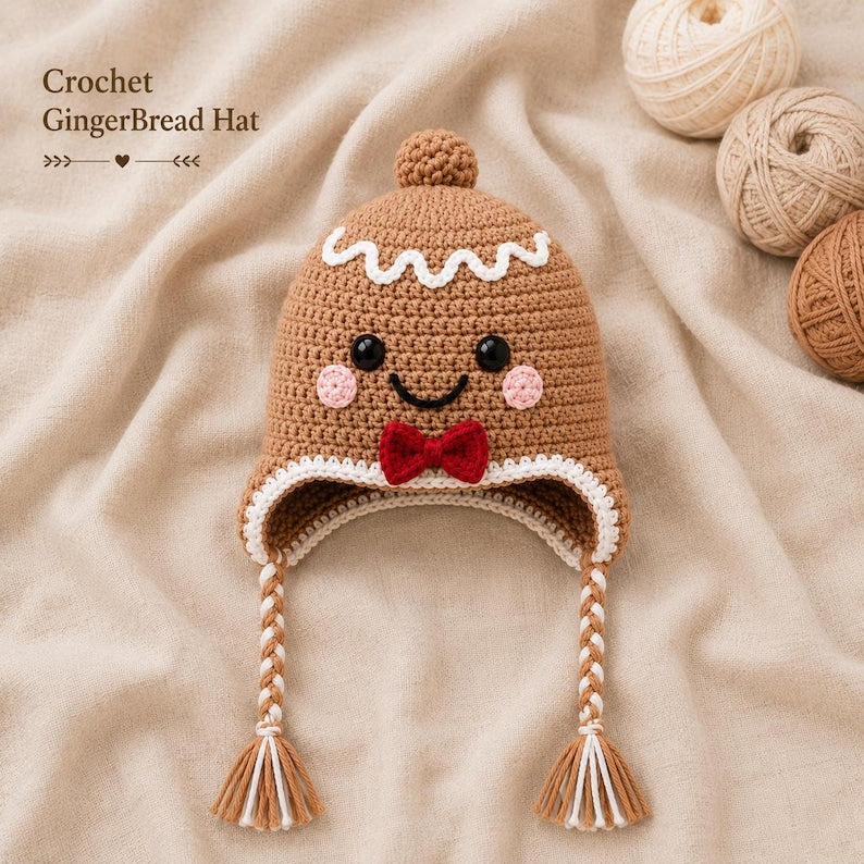 Crochet Gingerbread Hat, Christmas Hat for Kids & Adults, Cute Winter Earflap Hat, Matching Family Christmas Hat, Holiday Gift