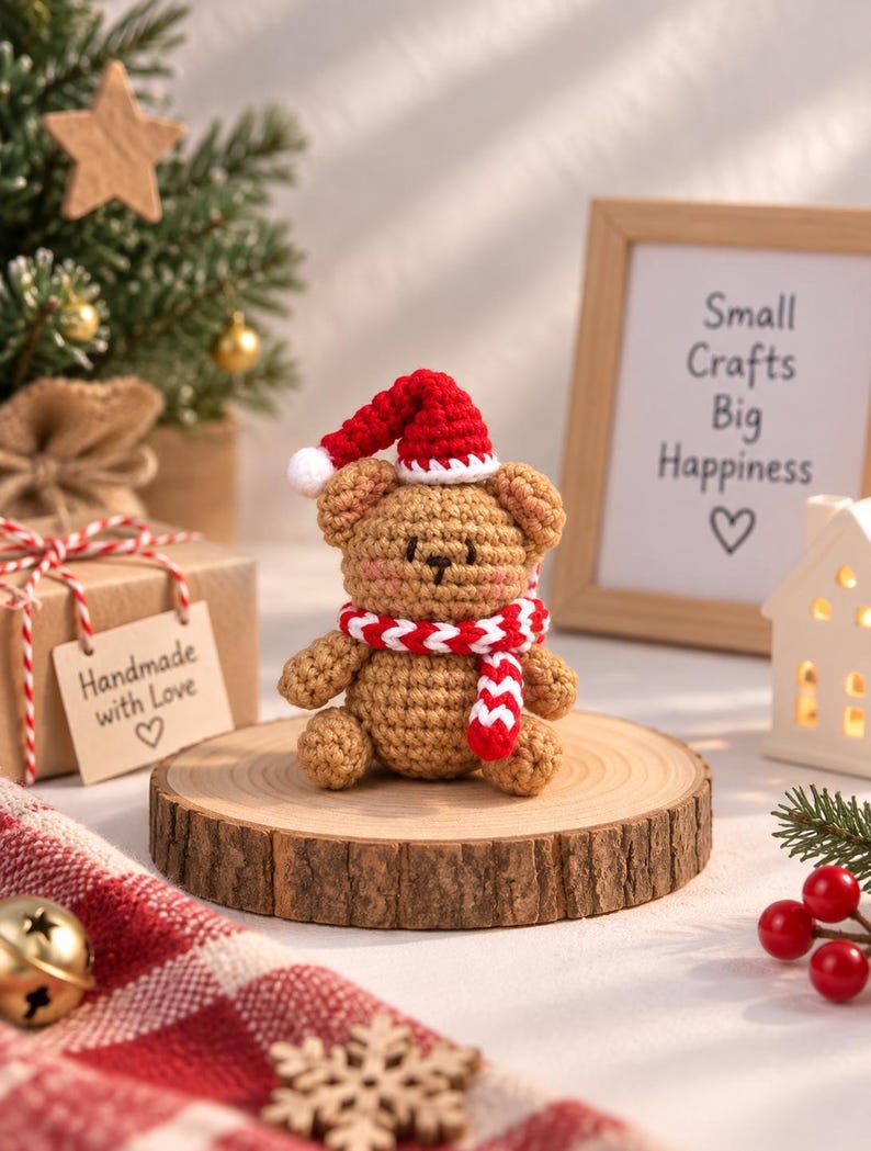Handmade Teddy Bear Plush with Hat & Scarf, Crochet Christmas Bear Ornament , Cute Holiday Gift, Xmas Tree Decoration, Winter Gift