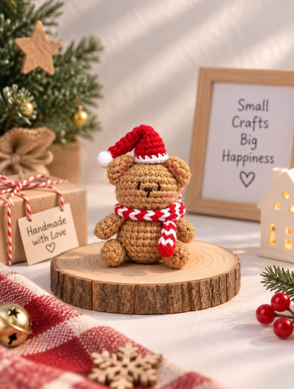 Handmade Teddy Bear Plush with Hat & Scarf, Crochet Christmas Bear Ornament , Cute Holiday Gift, Xmas Tree Decoration, Winter Gift