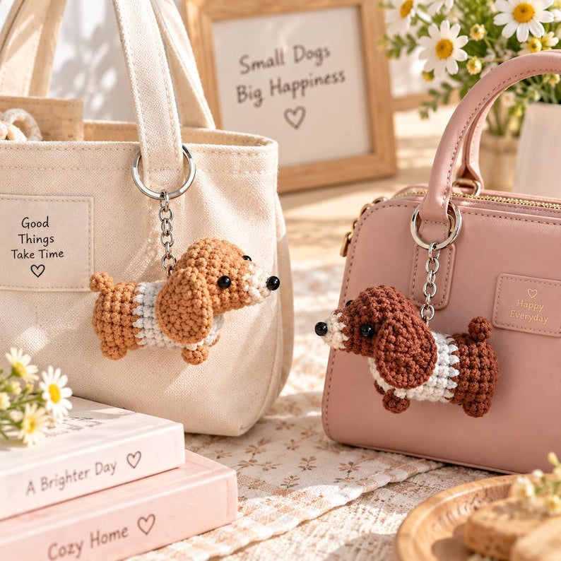 Handmade Crocheted Dachshund, Wiener Dog Keychain – Cute Pet Accessory, Perfect Gift for Dog Lovers, Crochet Keychain, Crochet Dog, Cute Dog