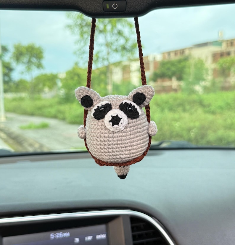 Cute Swinging Raccoon Car Mirror Hanging Accessories, Crochet Raccoon Ornaments, New Car Gift, Gift For Her, Car Decorations, Car Charm