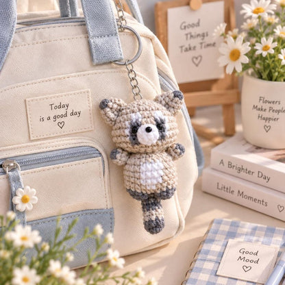 Crochet Raccoon Plushie: Handmade Amigurumi Woodland Keychain Gift