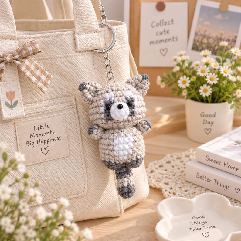 Crochet Raccoon Plushie: Handmade Amigurumi Woodland Keychain Gift