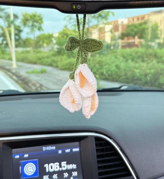 Crochet Calla Lily Car Charm, Flower Rearview Mirror Hanging, Handmade Car Decor, Crochet Flower Car Accessory, Flower Gift