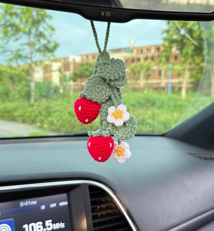 Crochet Strawberry Car Charm, Rearview Mirror Hanging Ornament, Cute Car Accessory, Handmade Strawberry Decor, Car Mirror Gift
