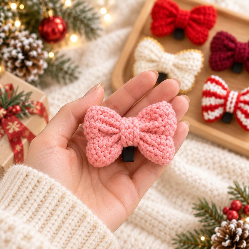 Crochet Christmas Bow Vent Clip, Handmade Car Vent Decor, Holiday Car Accessory, Christmas Car Decoration, Cute Bow Car Clip, Xmas Gift