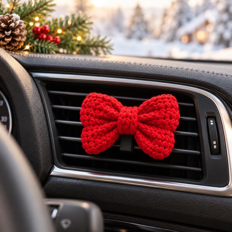 Crochet Christmas Bow Vent Clip, Handmade Car Vent Decor, Holiday Car Accessory, Christmas Car Decoration, Cute Bow Car Clip, Xmas Gift