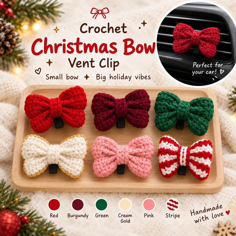 Crochet Christmas Bow Vent Clip, Handmade Car Vent Decor, Holiday Car Accessory, Christmas Car Decoration, Cute Bow Car Clip, Xmas Gift