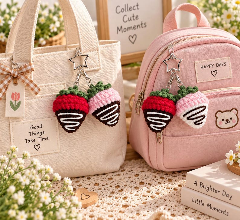 Crochet Strawberry Keychain, Chocolate Covered Strawberry Charm, Handmade Fruit Keychain, Cute Bag Charm, Kawaii Gift for Her