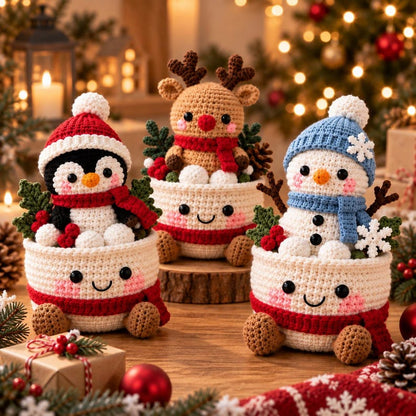 Crochet Christmas Doll in Basket, Reindeer Snowman Penguin Plush, Handmade Christmas Decor, Cute Holiday Gift, Amigurumi Xmas Decoration