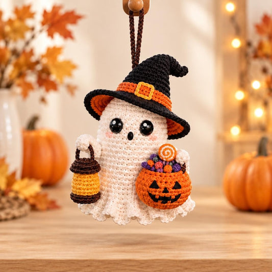 Crochet Ghost Car Ornament | Handmade Halloween Rearview Mirror Charm | Cute Witch Ghost Gift