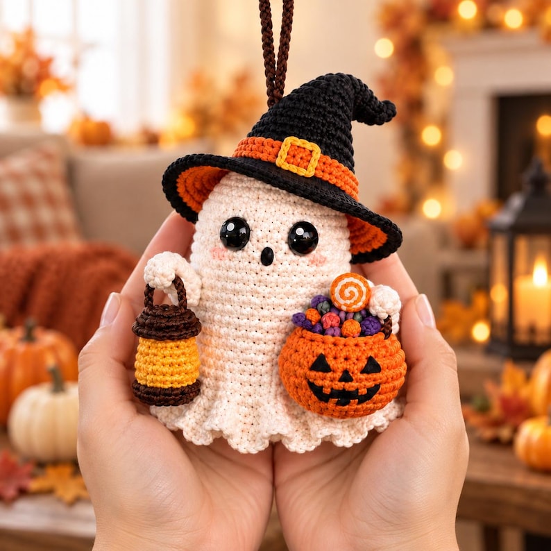 Crochet Ghost Car Ornament | Handmade Halloween Rearview Mirror Charm | Cute Witch Ghost Gift