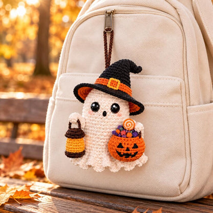 Crochet Ghost Car Ornament | Handmade Halloween Rearview Mirror Charm | Cute Witch Ghost Gift