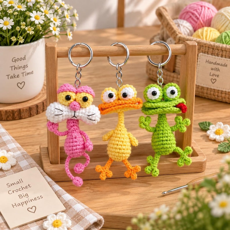 Funny Crochet Duck, Lizard, Panther Keychain, Handmade Amigurumi Duck Plush, Cute Yellow Duck Charm, Mini Crochet Animal, Duck Lover Gift