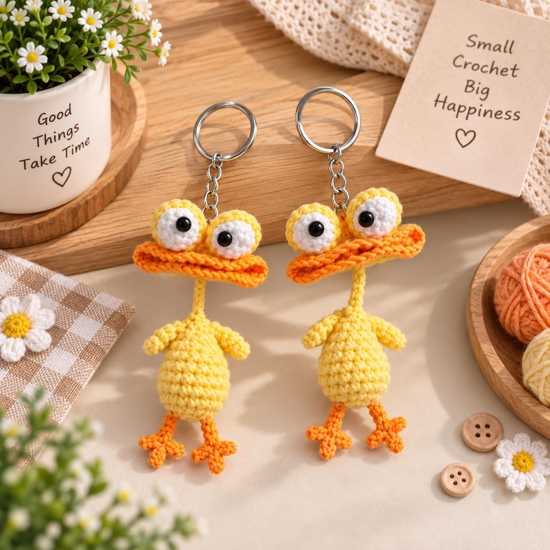 Funny Crochet Duck, Lizard, Panther Keychain, Handmade Amigurumi Duck Plush, Cute Yellow Duck Charm, Mini Crochet Animal, Duck Lover Gift