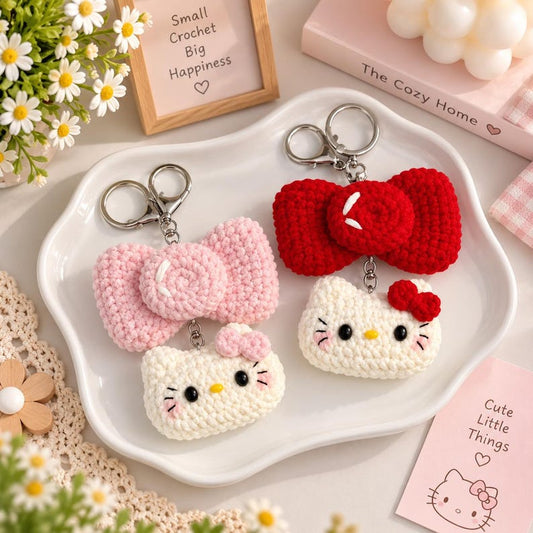 Cute Crochet Kitty Bow Keychain, Handmade Cat Keychain, Kawaii Cat Bag Charm, Plush Kitty Keyring, Gift for Cat Lover, Cute Accessories