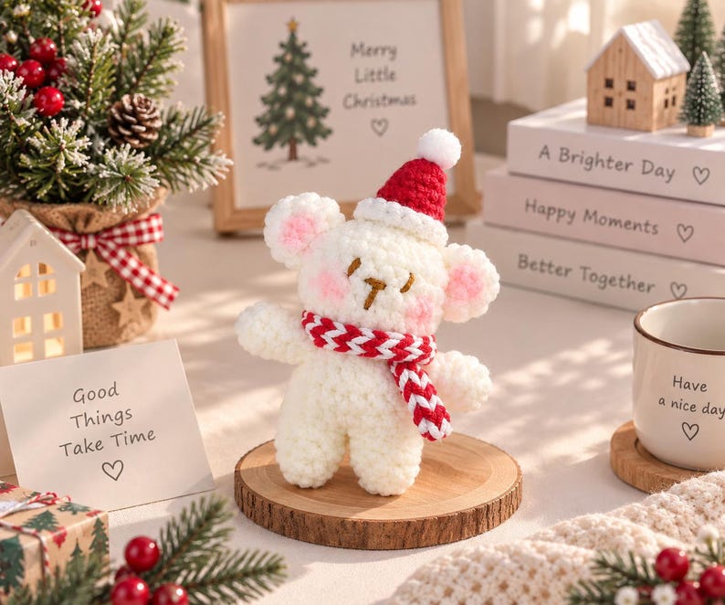Crochet Christmas Bear Ornament: Handmade Teddy with Hat & Scarf