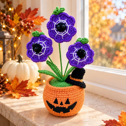 Halloween Crochet Flower Pot | Purple Spiderweb Flowers | Handmade Pumpkin Home Decor