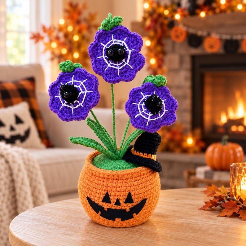 Halloween Crochet Flower Pot | Purple Spiderweb Flowers | Handmade Pumpkin Home Decor