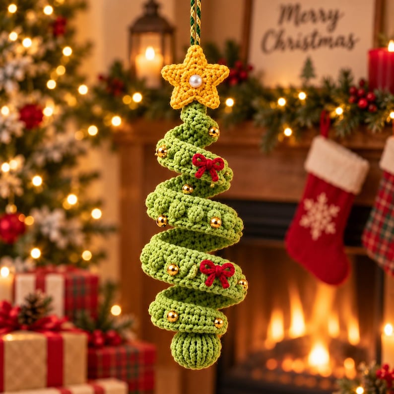 Crochet Christmas Tree Ornament, Spiral Christmas Hanging, Handmade Xmas Tree Decor, Holiday Ornament, Christmas Gift