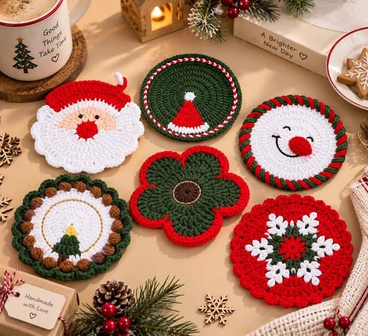 Crochet Christmas Coasters, Handmade Holiday Coaster, Santa Snowman Table Decor, Christmas Mug Rug, Festive Crochet Gift, Christmas Gift