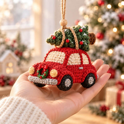 Crochet Christmas Car Ornament, Red Car With Christmas Tree, Rearview Mirror Hanging, Handmade Holiday Car Decor, Christmas Gift