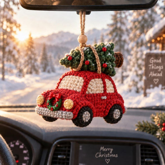 Crochet Christmas Car Ornament, Red Car With Christmas Tree, Rearview Mirror Hanging, Handmade Holiday Car Decor, Christmas Gift